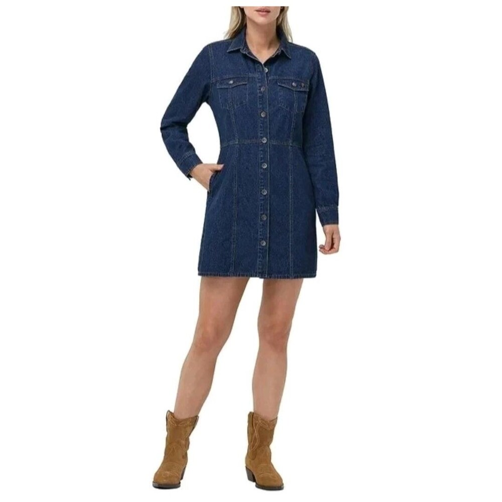 Frye Denim Blue Jean Shirt Dress Sz XS Dark Wash Long Sleeve Button Up Western